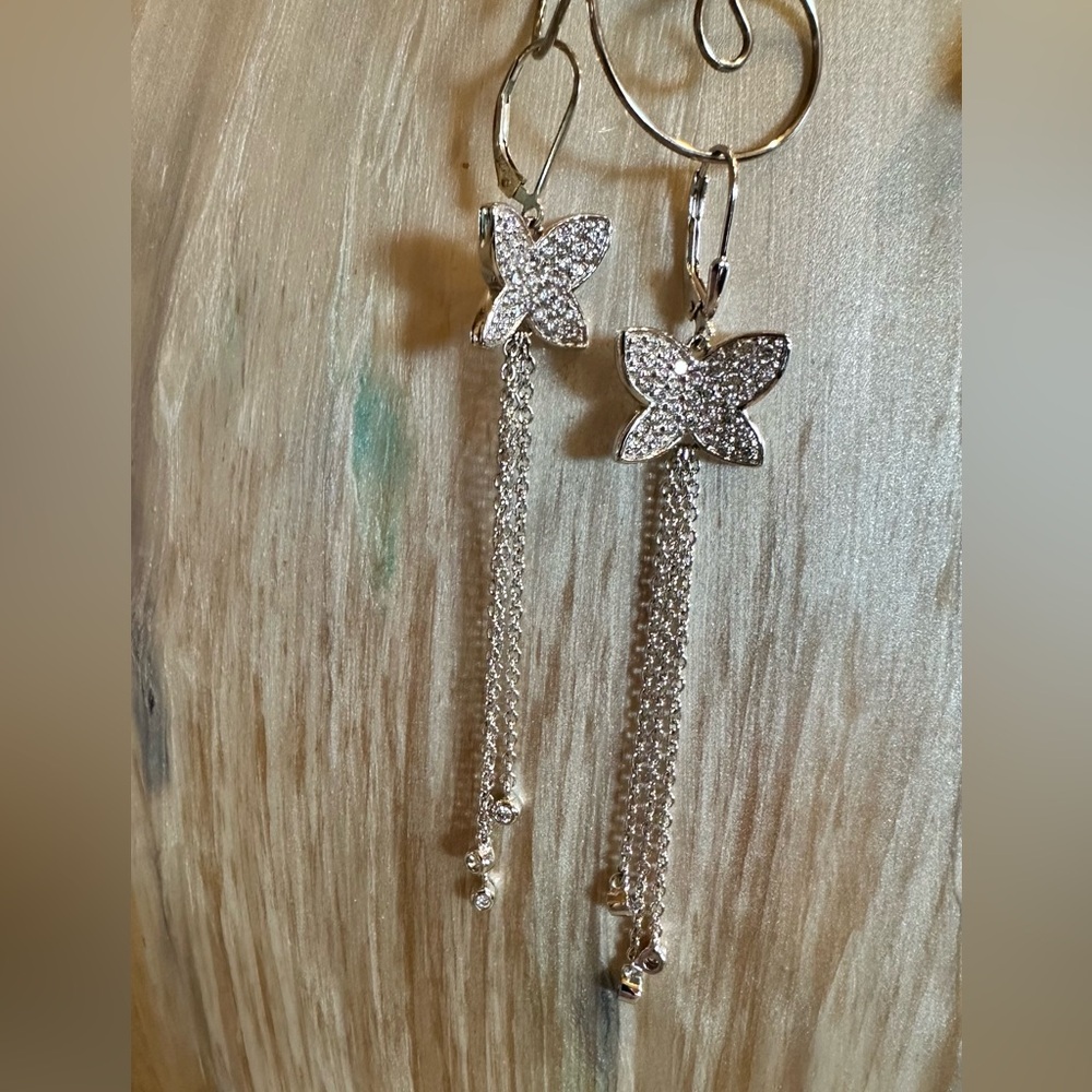 🦋 Sterling Silver & CZ Pave Butterfly Long Chain Lever Back Earrings